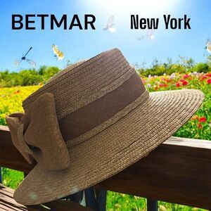 Betmar New York Women's Straw Sun Hat Beige Wide Brim Bow Summer
